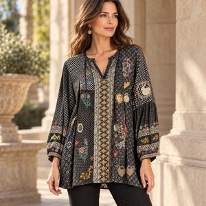 Johnny Was Biya Silk Tunic Embroidered Womens M Black Patchwork Rabbit Boho Top